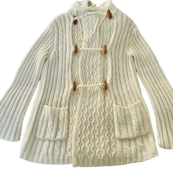 VTG Cardigan Sweater Barbra Sue Size M Toggles Hood Pockets Cream Cables - Picture 5 of 5